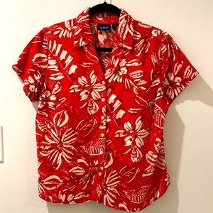 Vintage hawaii print Red tropical print button down shirt short sleeve‎ PETITE L